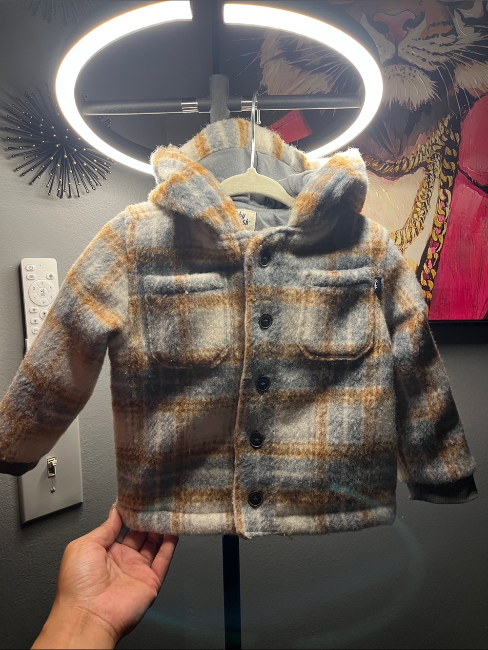 OshKosh B'gosh Gray and Brown Plaid Hooded Pea Coat